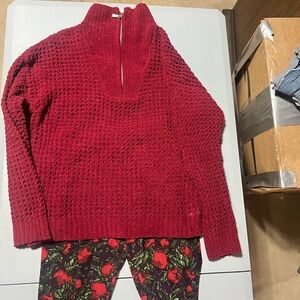 Women's Red Knit Sweater and Applebees Print Leggings